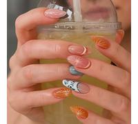 Cool Summer 3D Floral Gradient French Tip Press On Nails - Almond Shape Medium Long Glossy Artificial Nails with Vibrant Citrus & Leaf Designs, Full Cover Stick On Manicure Kit