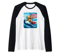 Cool Teddy Bear Shredding Waves with American Flag Raglan Baseball Tee