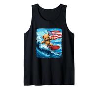 Cool Teddy Bear Shredding Waves with American Flag Tank Top