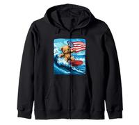 Cool Teddy Bear Shredding Waves with American Flag Zip Hoodie