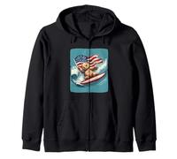 Cool Teddy Bear Surfing Proud with American Flag Zip Hoodie