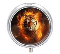 Cool Tiger in Flame Pill Box Round Portable Small Pill Case Waterproof Travel Pill Box Organizer for Pocket Purse and Daily Convenience