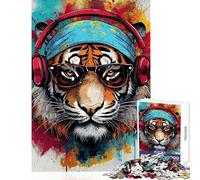 Cool Tiger with Headphones 1000 Piece Jigsaw Puzzle for Teenagers Support Memory Strength And Retention Gentle Calm Leisure Activity (38X26cm)