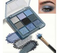Cool Toned Blue Eyeshadow Palette 9 Colors - Matte Shimmer Glitter Silver Grey Navy Black Eye Shadow - Highly Pigmented Waterproof Smudge Proof Smoky Makeup Palettes for Party Stage Travel