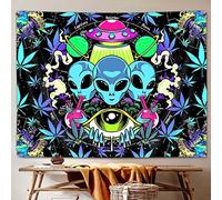 Cool Trippy Weed Tapestry, Funny Alien UFO Tie Dye Marijuana Leaf Tapestry Wall Hanging for Men Bedroom, Psychedelic Mushroom Cannabis Tapestries Poster Blanket College Dorm Home Decor (60X40)