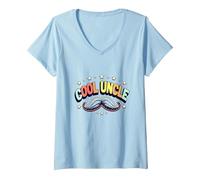 Cool Uncle Club Retro Mustache Stars Family Pride V-Neck T-Shirt, Women, Baby Blue, S