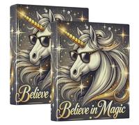 Cool Unicorn Golden 1.5 Inch 3 Ring Binders, Basic Binder Organizer with Anti-Slip Clip Decorative Cute Three Ring Binder for Work School Office, 2 Pack
