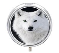 Cool White Wolf with Green Eyes Pill Box 3 Compartment Metal Round Pill Case Travel Pill Organizer Small Portable Medicine Vitamin Container for Purse and Pocket to Hold Vitamins Supplements