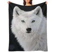 Cool White Wolf with Green Eyes Throw Blanket for Couch and Bed Super Soft Warm Lightweight Throw Blankets Cozy Fuzzy Flannel Blanket Personalized Decorative Blankets for Sofa Decor 50"x60"