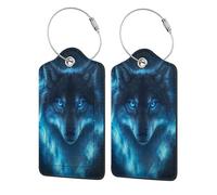 Cool Wolf Blue Flame Luggage Tags Leather Suitcase Tags Identifiers, Privacy Cover Id Label, Travel Essentials 4 Pcs