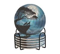 Cool Wolves Tree Moon Fabric Coasters for Drinks Set with Holder, 6 Pcs Art Cup Coasters for Drinks, Mug Coaster Set