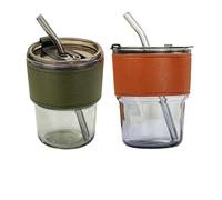 Coolcapis 13 oz Tumbler Water Glass, Glass Coffee Mugs with Straw and Lid (Leather & Olive)