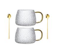 Coolcapis 2 pcs Glass Coffee Mugs with Spoons 400ml/13.5oz. Clear Textured Glass Coffee Cups with Handle Heath Cold Resistance Cups with Gold Spoons Luxury Thick Embossed
