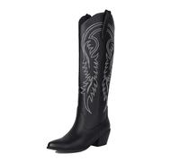 COOLCEPT Women Knee High Cowboy Boots Embroidered Chunky Stacked Heel Cowgirl Boots Pull on Western Boots Black Size 42