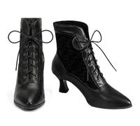 COOLCEPT Women’s Victorian Lace Up Ankle Boots Mid Heel Vintage Gothic Booties Elegant Retro Lace Boots for Party Wedding Costume Black Size 39