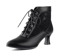 COOLCEPT Women Vintage Victorian Boots Lace Bridal Wedding Ankle Boots Closed Toe Mesh Kitten Heel Booties Black Size 42