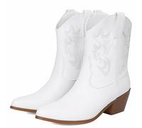 COOLCEPT Women's Western Cowboy Boots Embroidered Metallic Boots Chunky Heel Ankle White Size 39
