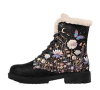 coolcustomize Women’s Winter Combat Boots Faux Fur Lined - Lace-Up Floral Print Boots for Cold Weather, Stylish Non-Slip Outdoor Fashion Shoes