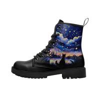 CoolCustomize Womens Combat Boots Waterproof Ankle Boots Lace Up Ladies Shoes Platform Leather Work Booties, Comfortable Stylish Starry Night Pattern Boots