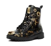coolcustomize Womens Mushroom Floral Combat Boots - Witchcore Forest Goth Boots Chuncky Heel Vegan Leather Black Ankle Lace-Up Work Boots, Black-yellow, 10.5 Women/9 Men