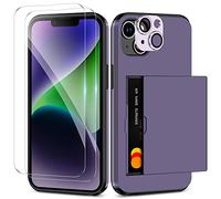 Coolden for iPhone 14 Case with Card Holder & 2 Screen Protector + 1 Camera Lens Protector Full Body Heavy Duty Protective Case Armor Shockproof Wallet Case Cover for iPhone 14 Phone Case-Purple
