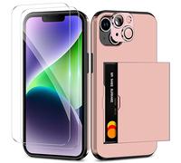 Coolden for iPhone 15 Case with Card Holder & 2 Screen Protector + 1 Camera Lens Protector Full Body Heavy Duty Protective Case Armor Shockproof Wallet Case Cover for iPhone 15 Phone Case-Rose Gold