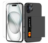 Coolden for iPhone 16 Case with Card Holder & 2 Screen Protector + 1 Camera Lens Protector Full Body Heavy Duty Protective Case Armor Shockproof Wallet Case Cover for iPhone 16 Phone Case-Black