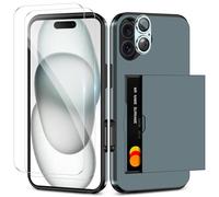 Coolden for iPhone 16 Case with Card Holder & 2 Screen Protector + 1 Camera Lens Protector Full Body Heavy Duty Protective Case Armor Shockproof Wallet Case Cover for iPhone 16 Phone Case-Navy
