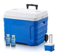 Cooler box on Wheels, 41L Insulated Wheeled Cool Box with Handle, Portable Ice Cooler Box for Camping, Travel & Picnics, Keeps Cold for 4 Days, 2 Cup Holders, PU Foam Insulation