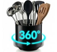 Cooler Kitchen Extra Large and Sturdy Rotating Black Utensil Holder Caddy with No-Tip Weighted Base, Removable Divider, and Gripped Insert | Rust Proof and Dishwasher Safe Kitchen Utensils Holder