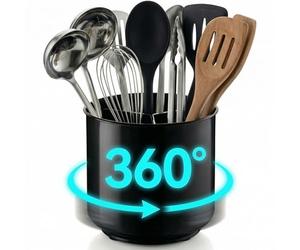 Cooler Kitchen Extra Large and Sturdy Rotating Black Utensil Holder Caddy with No-Tip Weighted Base, Removable Divider, and Gripped Insert | Rust Proof and Dishwasher Safe Kitchen Utensils Holder