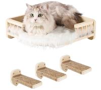 COOLEX Cat Wall Shelves, Cat Shelves and Perches for Wall, Cat Wall Furniture, Corner Cat Shelf with 3 Steps Scratch Post, Cat Bed Hammock with Plush Covered, Climbing Shelf for Indoor Cats (Wood)