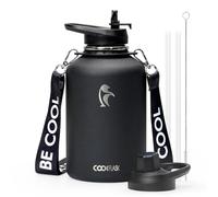 Coolflask 1.9 L Insulated Water Bottle with Strap, Stainless Steel Vacuum Flask with Straw & Spout Lids Leakproof for Sports, Travel, Gym, 48H Cold & 24H Hot, BPA Free, Black