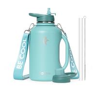 Coolflask 1.9 L Water Bottle Insulated with Handle & Straw, Stainless Steel Water Jug Leakproof with Strap, Metal Double-Walled Vacuum Large Flask, Keep Cold 48H Hot 24H, BPA Free, Agate Green