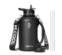 Coolflask 1.9 L Water Bottle Insulated with Handle & Straw, Stainless Steel Water Jug Leakproof with Strap, Metal Double-Walled Vacuum Large Flask, Keep Cold 48H Hot 24H, BPA Free, Black