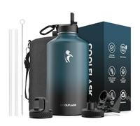 Coolflask 128 oz Gallon Water Bottle Insulated with Straw&3 Lids, Water Jug Large Stainless Steel Metal Vacuum Wide Mouth for Sports, Gym or Office, Non-BPA Keep Cold 48H Hot 24H, Samurai Cyan