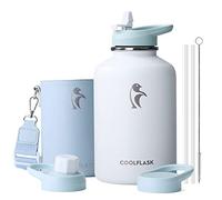 Coolflask 2L Water Bottle Stainless Steel with PU Leather Sleeve, Insulated Water Bottles Color Contrast with Straw Lids, Half Gallon Metal Water Bottle, Keep Cold 48h Hot 24h, Glacier White