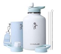 Coolflask 64 oz Water Bottle Insulated with PU Leather Sleeve, Half Gallon Water Bottle Color Contrast with Straw Lids, Stainless Steel Metal Large Water Jug, Keep Cold 48h Hot 24h,Glacier White