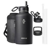 Coolflask Insulated Water Bottle 2L - 3 Lids with Straw & Spout & Handle, Leakproof Vacuum Stainless Steel Water Bottle for Sports, Travel, Gym, 48H Cold & 24H Hot, BPA Free, Black