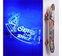 CoolGift Mart Light Up Skateboard Wall Mount, Acrylic Skateboard Rack with Skateboarding Pattern Blue LED Lights for Trick(Street or Vert) Board Longboard Penny board Storage and Display, Skater Gifts
