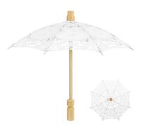 COOLHIYA Props Bridal Handle Featuring Costume Wooden and Ergonomic Parasol Elegant White Lace Embroidery Cotton Cloth Material Decoration Bride Dress up Photography