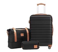 COOLIFE Suitcase Set 3 PCS - 24" Hard Shell Lightweight ABS Luggage + Travel Bag & Toiletry Bag, Medium Suitcase with TSA Lock, 360° Wheels for Travel, Airline & Cruise, Business Trip Black/Brown