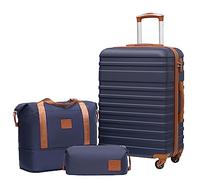COOLIFE Suitcase Set 3 PCS - 24" Hard Shell Lightweight ABS Luggage + Travel Bag & Toiletry Bag, Medium Suitcase with TSA Lock, 360° Wheels for Travel, Airline & Cruise, Business Trip Blue/Brown