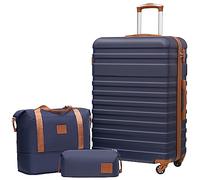 COOLIFE Suitcase Set 3 PCS - 28" Hard Shell Lightweight ABS Luggage + Travel Bag & Toiletry Bag, Large Suitcase with TSA Lock, 360° Wheels for Travel, Airline & Cruise, Check in Baggage, Blue/Brown