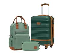 COOLIFE Suitcase Set, 3 Piece Luggage Sets with Travel Backpack and Toiletry Bag for Short Travel, TSA Lock 360° Spinner Wheels (Green/Brown, 20 Inch Luggage Set)
