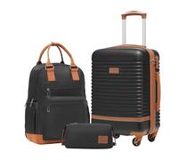 COOLIFE Suitcase Set, 3 Piece Luggage Sets with Travel Backpack and Toiletry Bag for Short Travel, TSA Lock 360° Spinner Wheels (Black/Brown, 20 Inch Luggage Set)