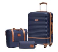 COOLIFE Suitcase Set 3PC - 24" Lightweight ABS Hard Shell Luggage + Travel Bag， Medium Suitcase with 360° Wheels, TSA Locks for Family Travel, Cruise & Long Trips Blue/Brown