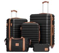 COOLIFE Suitcase Set 5 PCS - 20/24 / 28" Lightweight Luggage Set + Travel Bag & Toiletry Bag, Suitcases with TSA Lock + 360° Wheels for Family Travel, Study Abroad & Long Trips Black/Brown