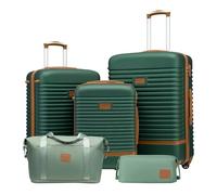 COOLIFE Suitcase Set 5PC: 28/24/20" + Weekenders, ABS Hard Shell Lightweight, 360°Wheels & TSA Locks Travel Luggage Sets - for Europe, Cruise, Study Abroad & Family Travel Dark Green/Brown