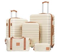 COOLIFE Suitcase Trolley Carry On Hand Cabin Luggage Hard Shell Travel Bag Lightweight with TSA Lock,The Suitcase Included 1pcs Travel Bag and 1pcs Toiletry Bag (White/Brown, 5 Piece Set)